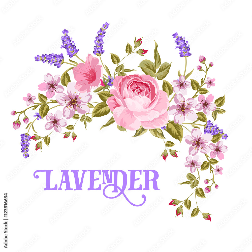 The Lavender sign. Garland of red rose, pink sakura and violet lavender flowers in vintage style. Card with custom sign Lavender and flower frame isolated over white background. Vector illustration.