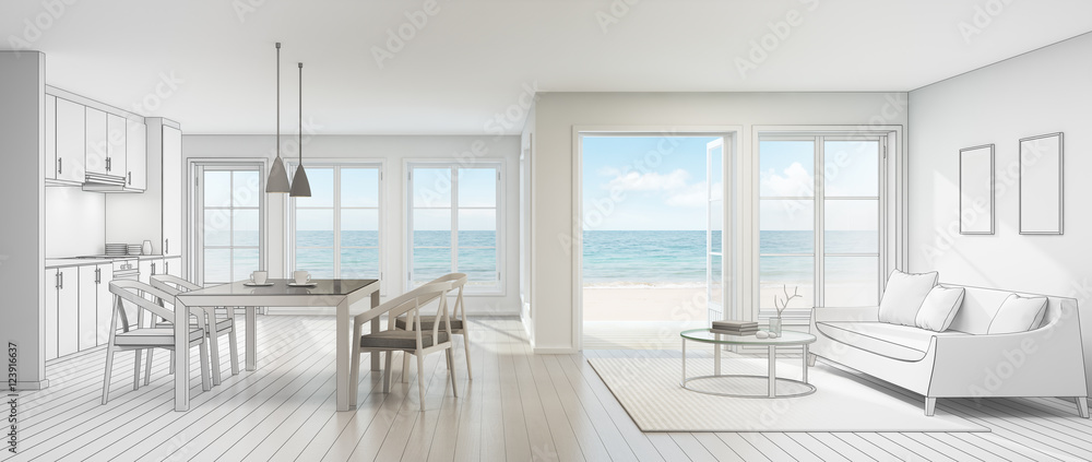Sketch design of sea view interior in modern beach house - 3D rendering ...