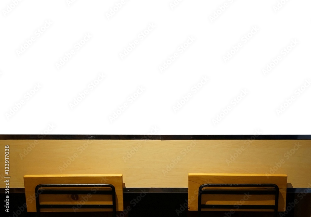 wooden long bar table top with 2 simple chairs isolated on white background, for you can use with any background, will look like big window - idea for use with background or display product wooden long bar table top with 2 simple chairs isolated on white background, for you can use with any background, will look like big window - idea for use with background or display product