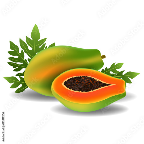 Whole papaya with slice, and leaf isolated on white background