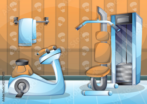 cartoon vector illustration interior fitness room with separated layers in 2d graphic