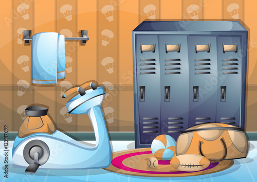 cartoon vector illustration interior fitness room with separated layers in 2d graphic