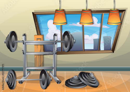 cartoon vector illustration interior fitness room with separated layers in 2d graphic