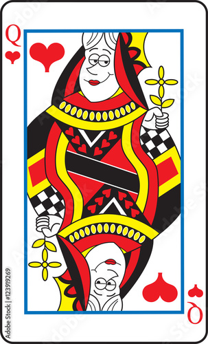 Cartoon illustration of a queen of hearts playing card.