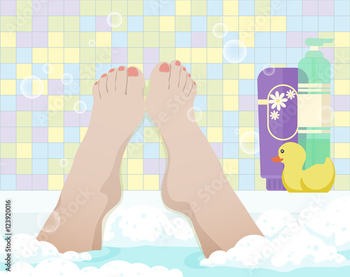 Female feet in bathroom, color vector illustration. Woman take a bath with foam, first-person view.