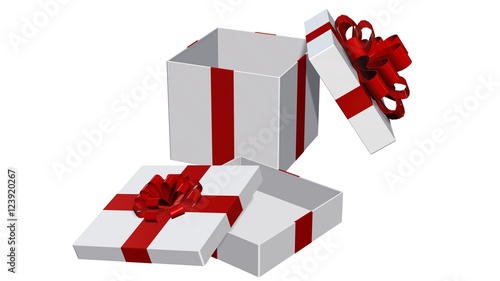 Present gift boxes for Christmas or birthday with red ribbons isolated on white 