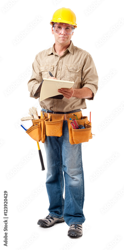 Full-length construction worker contractor carpenter with clipboard isolated on white background Full-length construction worker contractor carpenter with clipboard isolated on white background