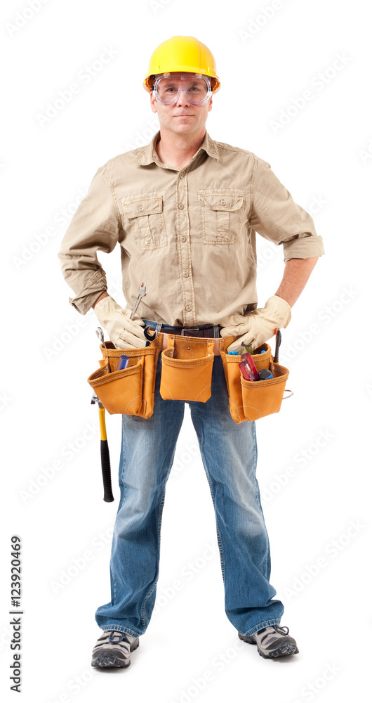 Full-length construction worker contractor carpenter isolated on white background Full-length construction worker contractor carpenter isolated on white background
