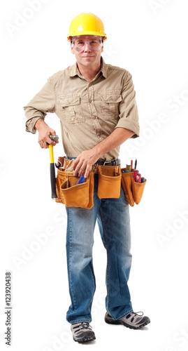 Full-length construction worker contractor carpenter isolated on white background © Eric Hood