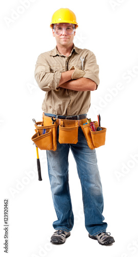 Photography Full-length construction worker contractor carpenter with tool belt hard hat and