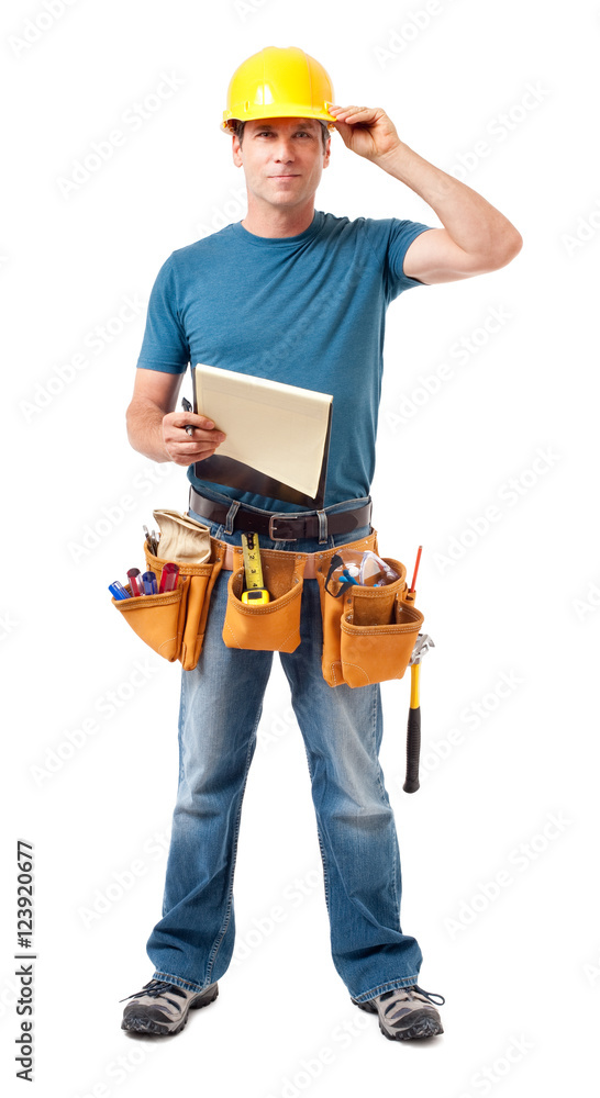 Full-length construction worker contractor carpenter tipping hard hat with clipboard isolated on white background Full-length construction worker contractor carpenter tipping hard hat with clipboard isolated on white background