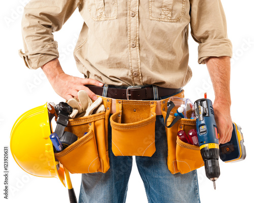 Cropped close up construction worker building contractor carpenter builder tool belt tools isolated on white background
