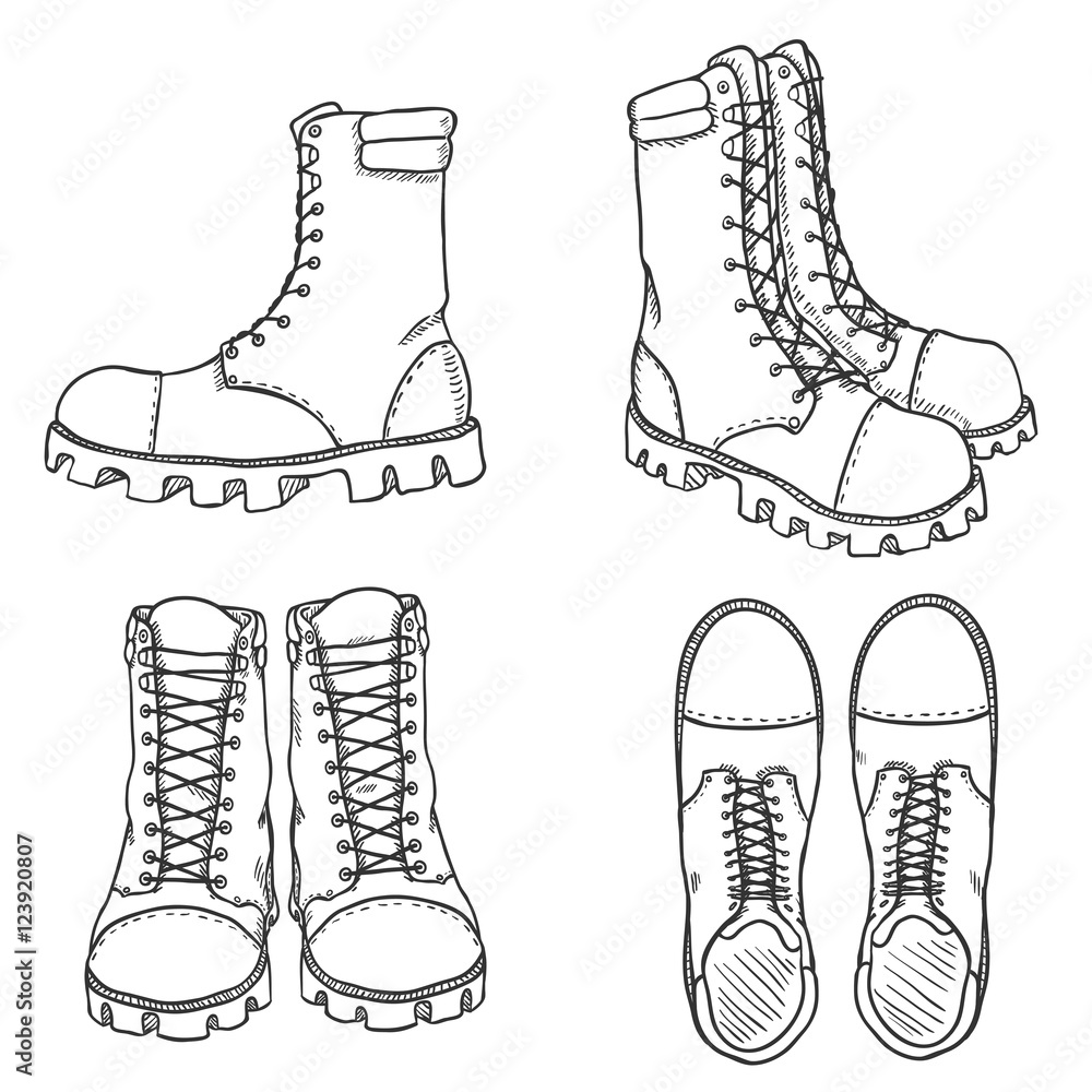 Vector Set of Sketch High Leather Army Boots. Side, Front and Top View  Stock Vector | Adobe Stock