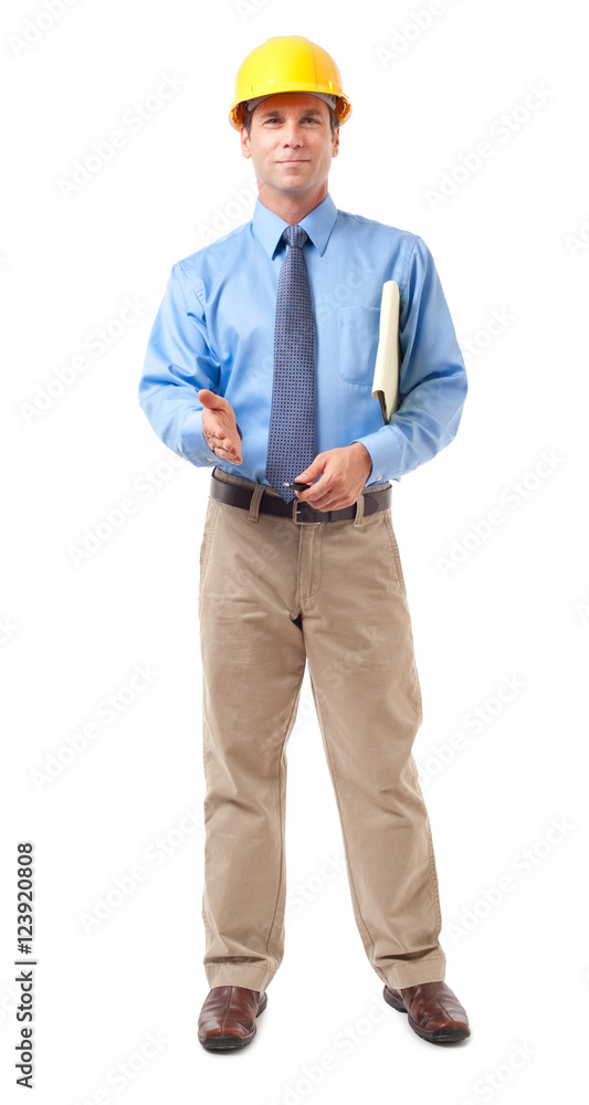 Full-length construction building contractor architect engineer businessman with clipboard isolated on white background Full-length construction building contractor architect engineer businessman with clipboard isolated on white background