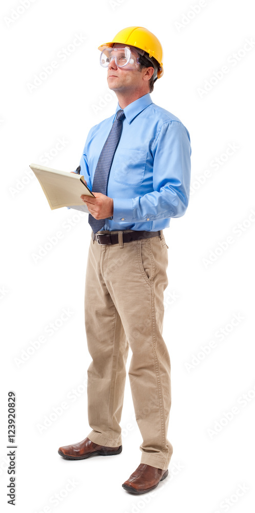 Full-length construction contractor businessman architect engineer inspector with clipboard isolated on white background