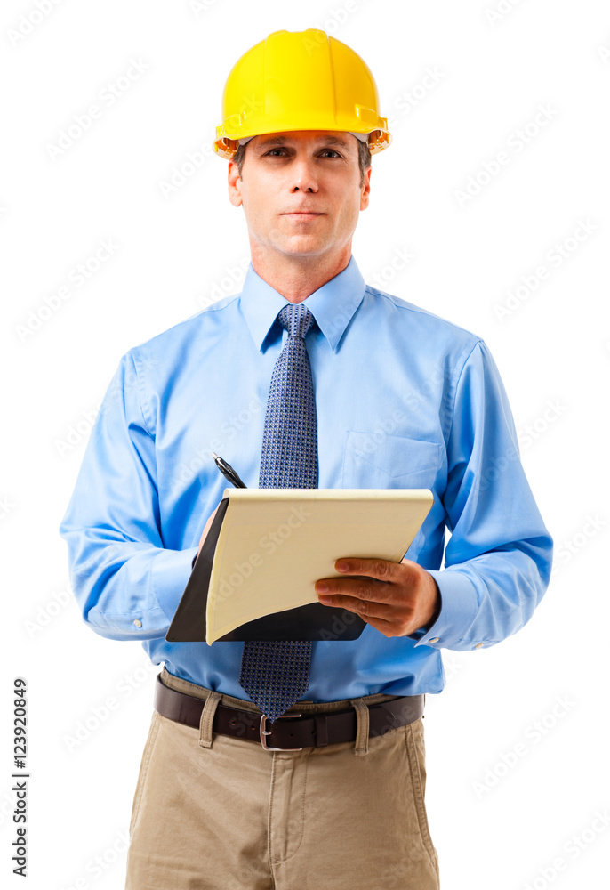 Construction contractor businessman engineer architect supervisor with clipboard isolated on white background for use alone or as a design element Construction contractor businessman engineer architect supervisor with clipboard isolated on white background for use alone or as a design element