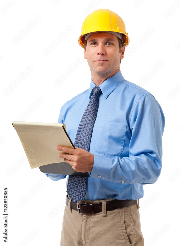 Construction contractor architect engineer businessman with clipboard isolated on white background for use alone or as a design element Construction contractor architect engineer businessman with clipboard isolated on white background for use alone or as a design element