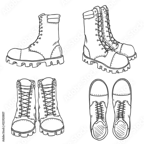 Vector Set of Sketch High Leather Army Boots. Side, Front and Top View