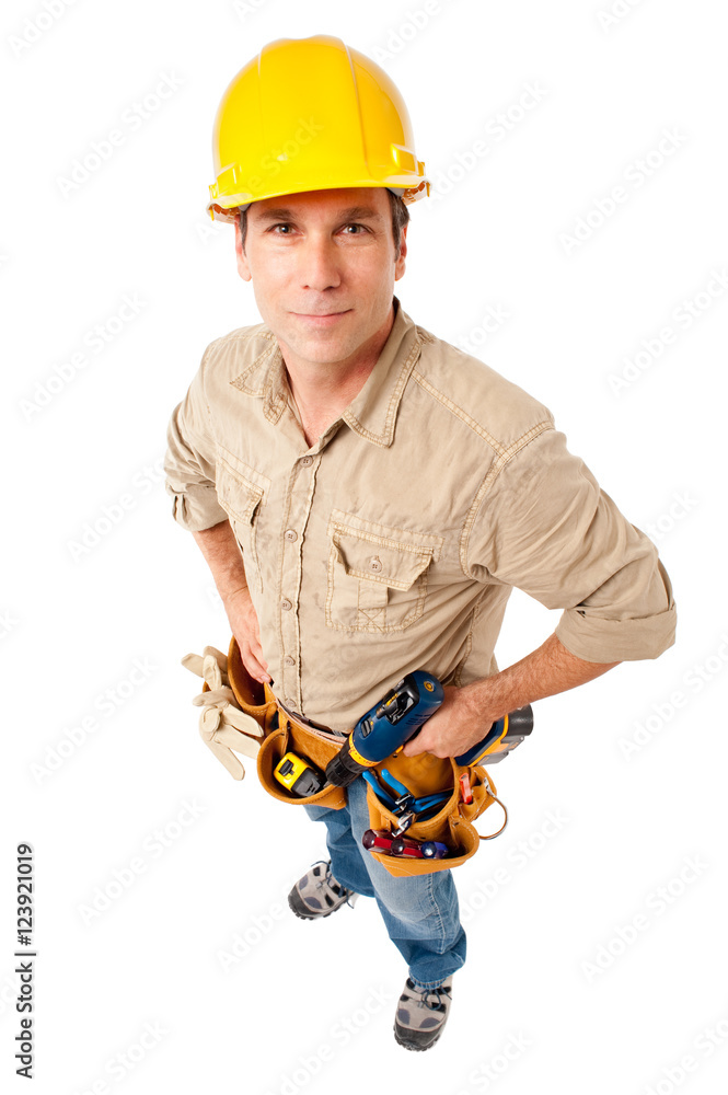 Full-length construction worker contractor carpenter isolated on white background Full-length construction worker contractor carpenter isolated on white background