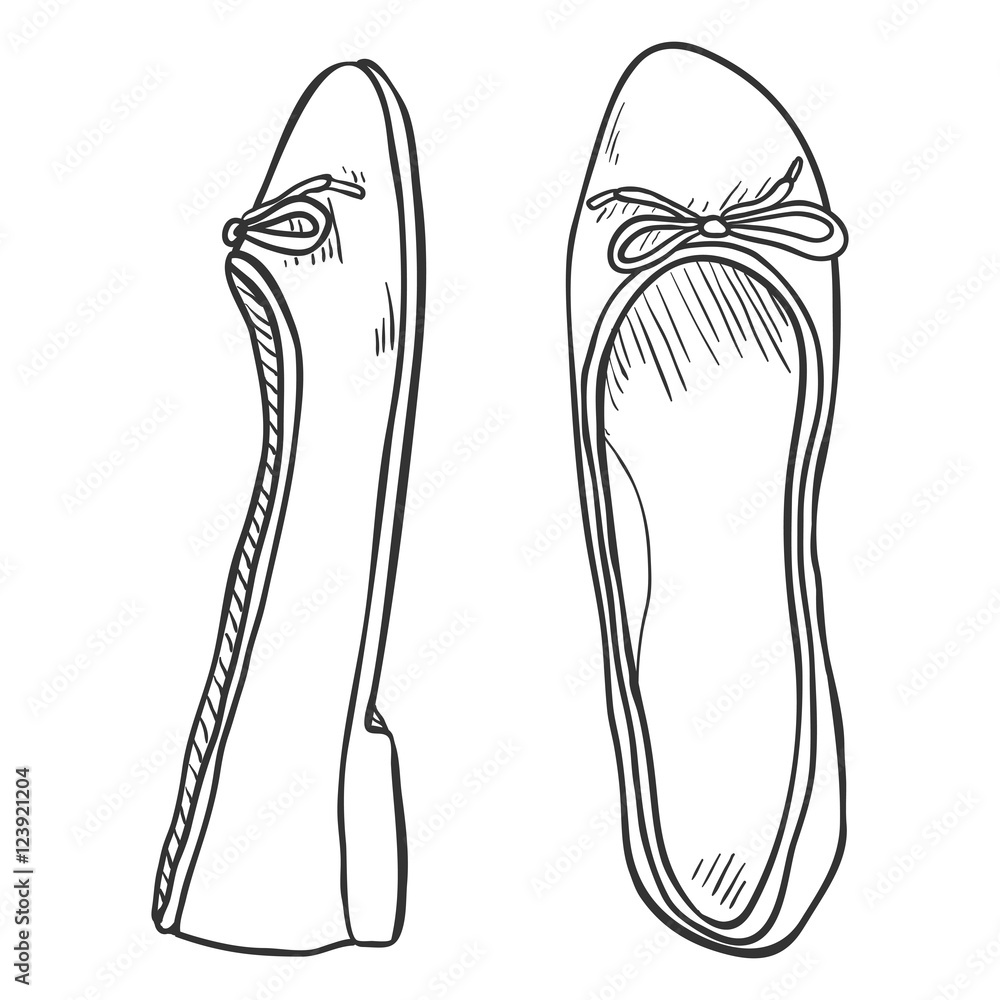 Vector Sketch Illustration Pair of Women Ballet Flats. Side and Top