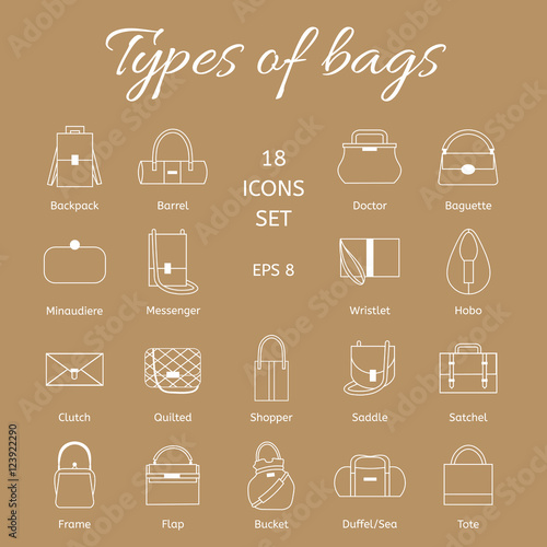 Collection of different models of handbags. Set of white line of icons.