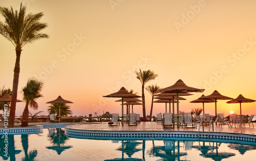 Fototapeta Swimming pool with palm trees at morning. Egypt