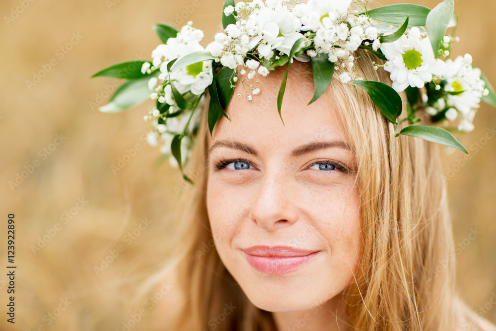happy woman in wreath of flowers happy woman in wreath of flowers