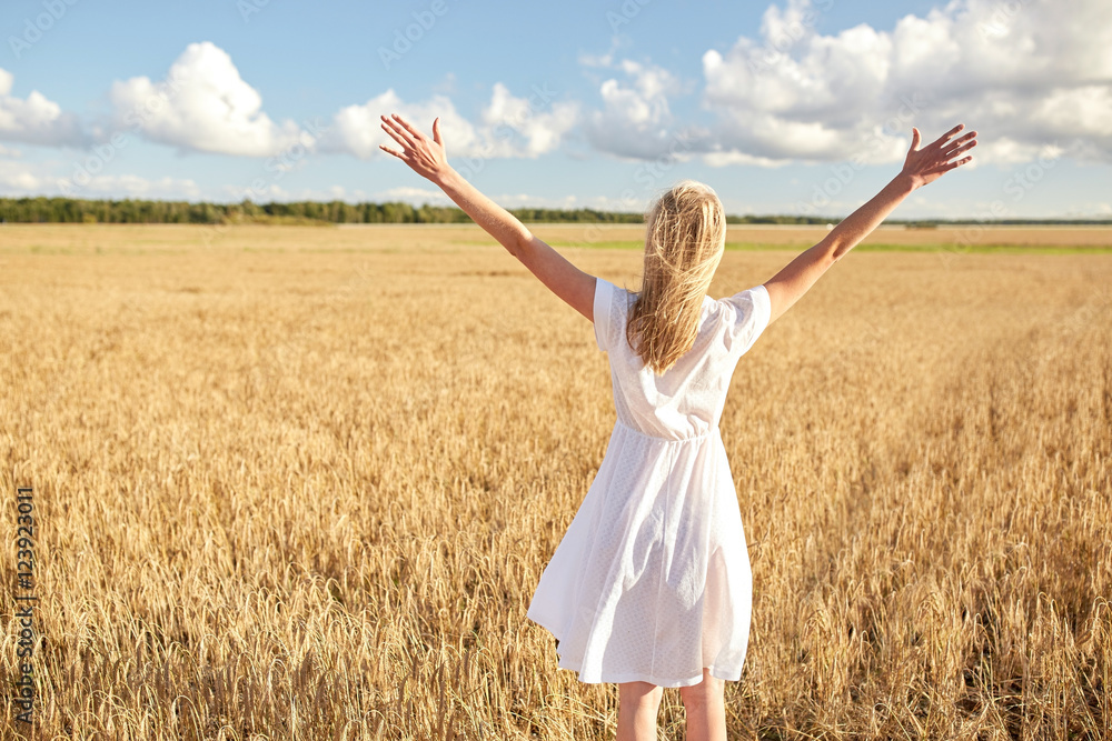 happy young woman in white dress on cereal field happy young woman in white dress on cereal field