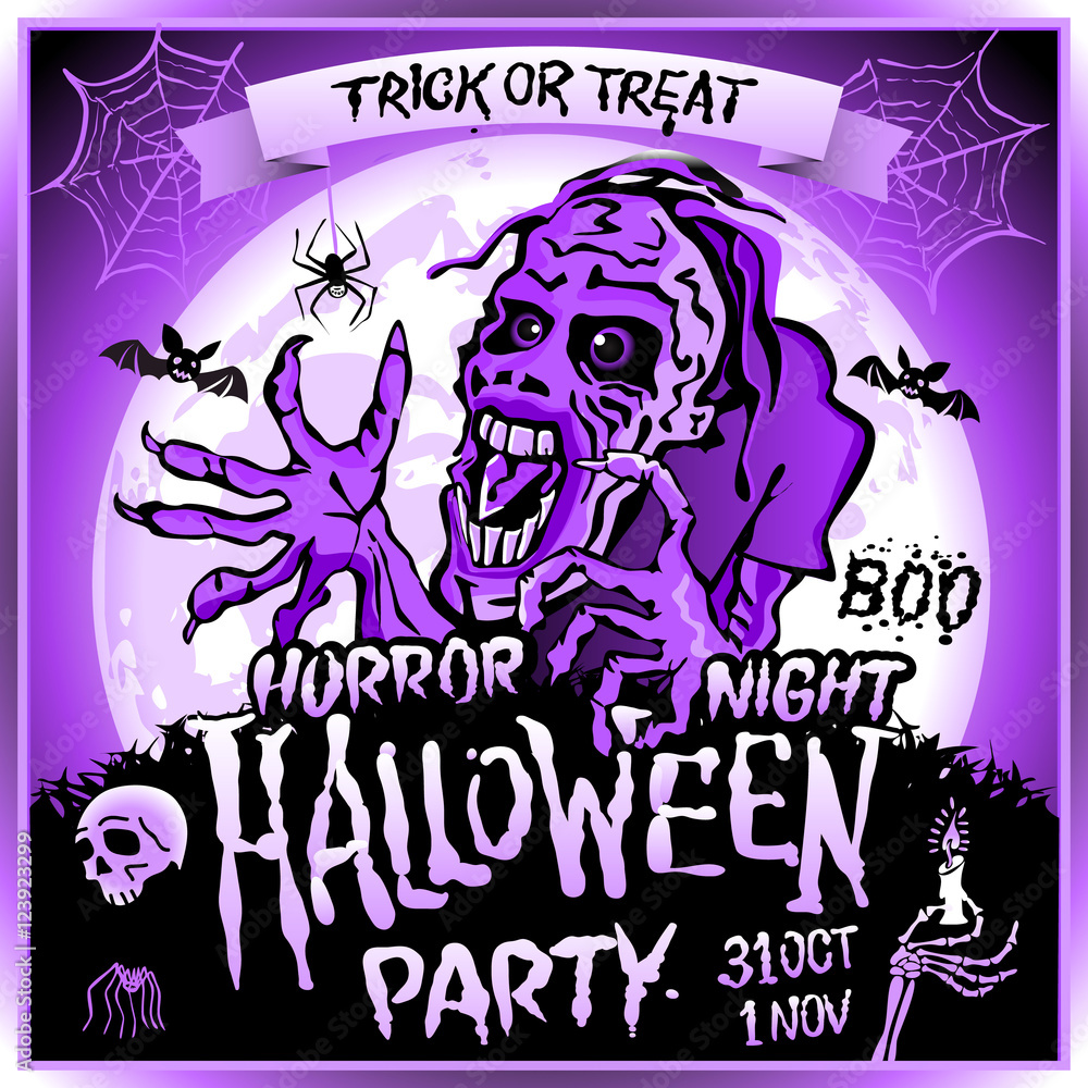 Zombie sneaks up on the background of a full moon, illustration on the theme of the halloween party. 31 october - 1 november. Horror night. trick or treat. skull, candle, spider, bats. Boo. web. Zombie sneaks up on the background of a full moon, illustration on the theme of the halloween party. 31 october - 1 november. Horror night. trick or treat. skull, candle, spider, bats. Boo. web.