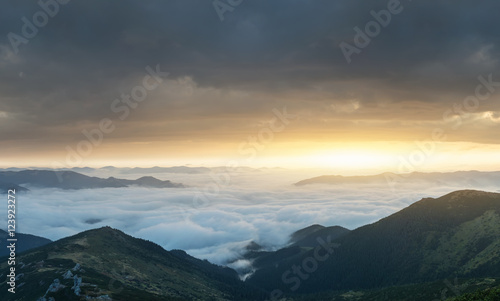 Mountain panorama during sunrise. Beautiful natural panoramic landscape in the summer time © biletskiyevgeniy.com