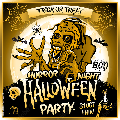 Zombie sneaks up on the background of a full moon  illustration on the theme of the halloween party. 31 october - 1 november. Horror night. trick or treat. skull  candle  spider  bats. Boo. web.