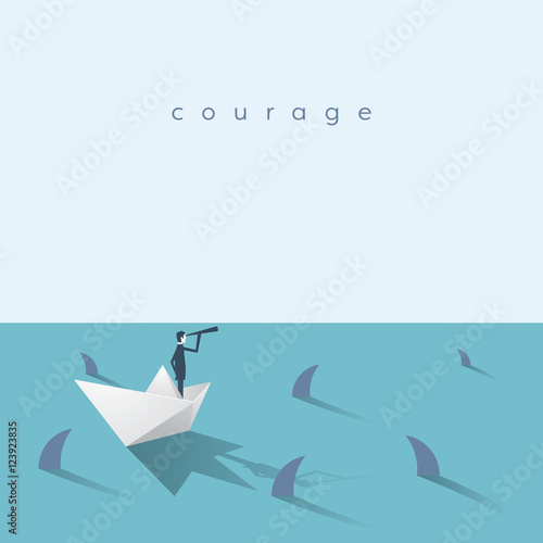 Businessman on a paper boat vector business concept with sharks swimming around in the ocean.