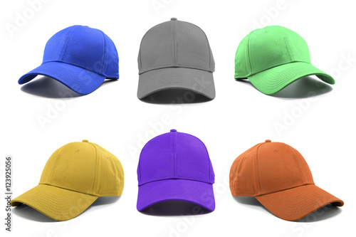 Group of the colorful fashion caps isolated on white background.