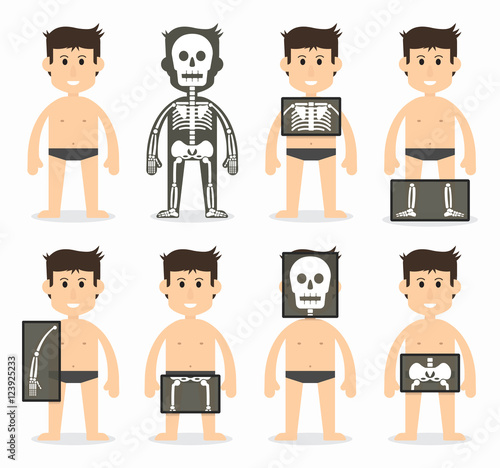 Human and total bone scan(skull , neck , shoulder , scapula , arm , elbow , forearm , wrist , hand , finger , thorax , rib , spine , pelvic , hip , thigh , knee , leg , ankle ,foot , toe ) flat design