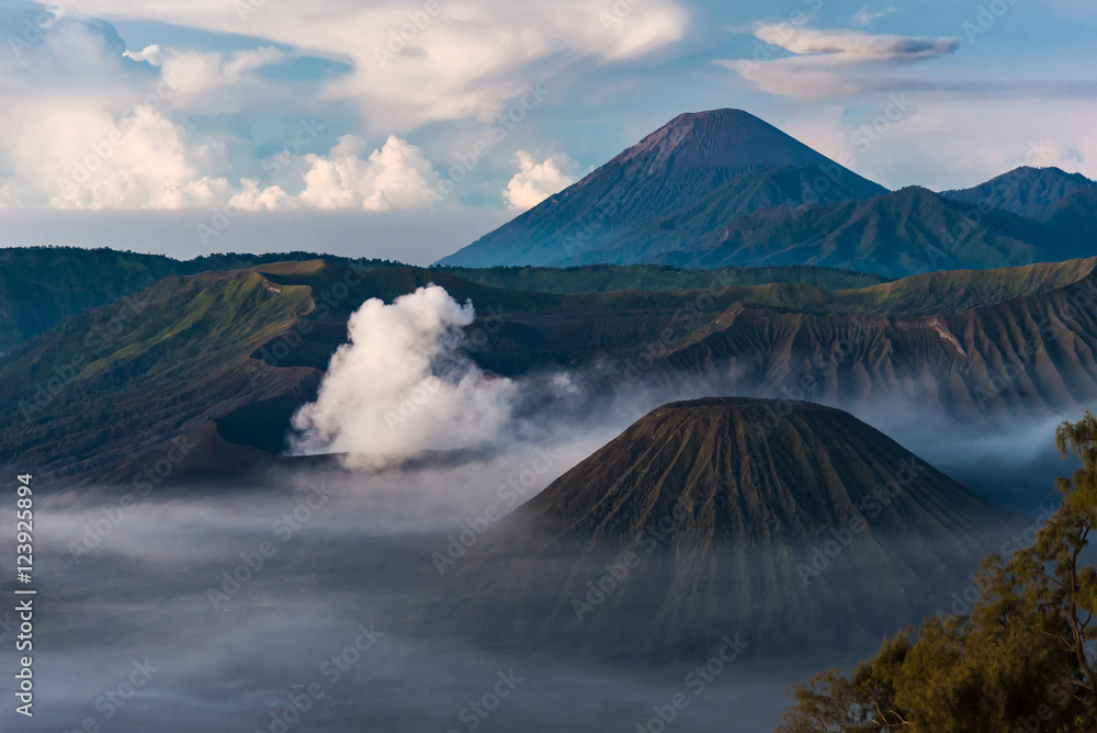 Mount Bromo volcano at morning, the steaming crater of Mount Bro