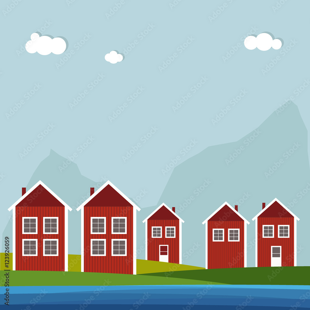 Red And White Scandinavian Houses. Summer Theme. 