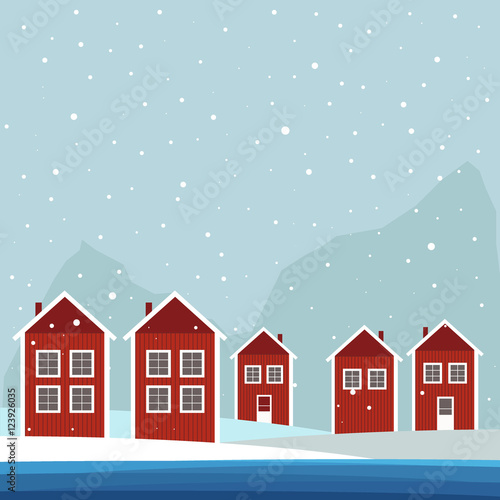 Red And White Scandinavian Wooden Houses. Winter Theme.