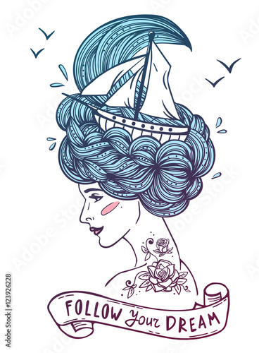 Hand drawn color portrait of a dreaming young beautiful woman with ship in waves of curly sea-like hair and rose tattoo on her neck and shoulder. Zentangle, fashion, marine, postcard, vintage ribbon.