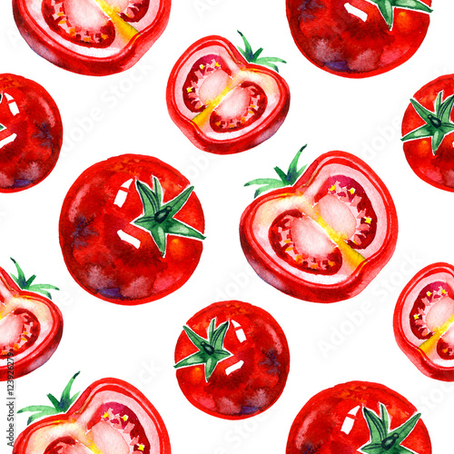 Watercolor hand drawn seamless pattern with red ripe tomatoes. eco food