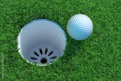 Golf ball on the green lawn. 3D illustration