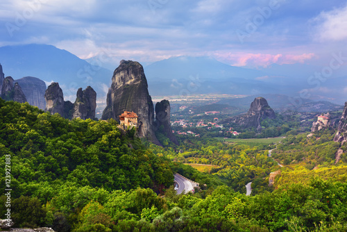  Meteora landscape and Monastery Roussanov on foreground, Greece