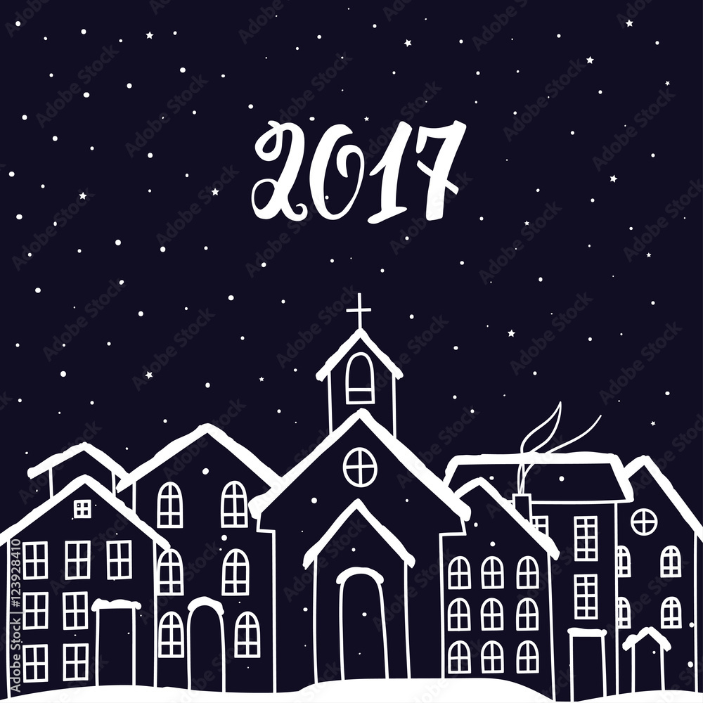 New Year and Christmas card with houses in vector New Year and Christmas card with houses in vector