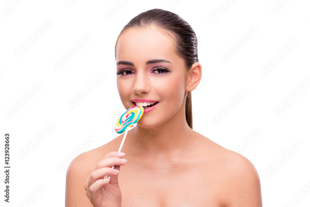 Beautiful woman with lollipop isolated on white Beautiful woman with lollipop isolated on white