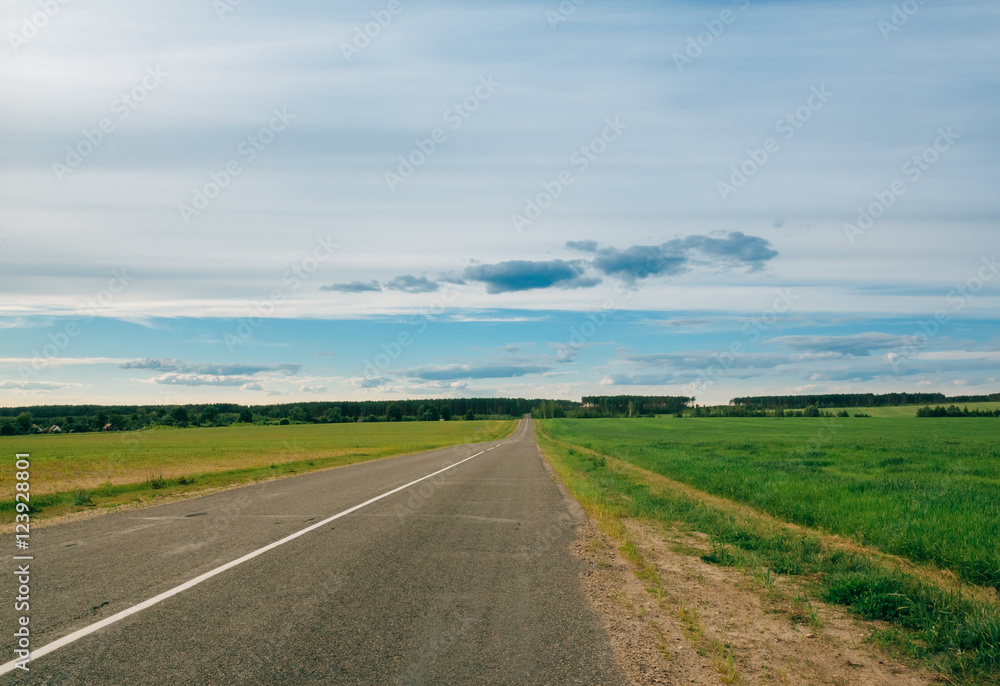 Empty asphalt road with green fields and forest on the horizon
