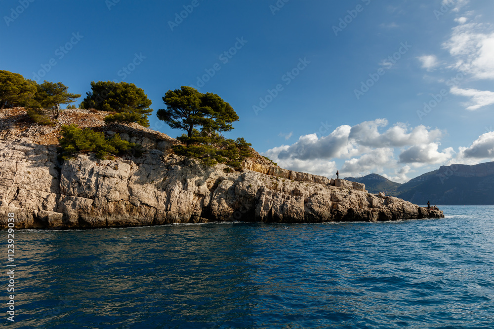 Vue from the sea on Calanques de Cassis, Calanques de Marseille, Calanque Port Pin Provence, France,