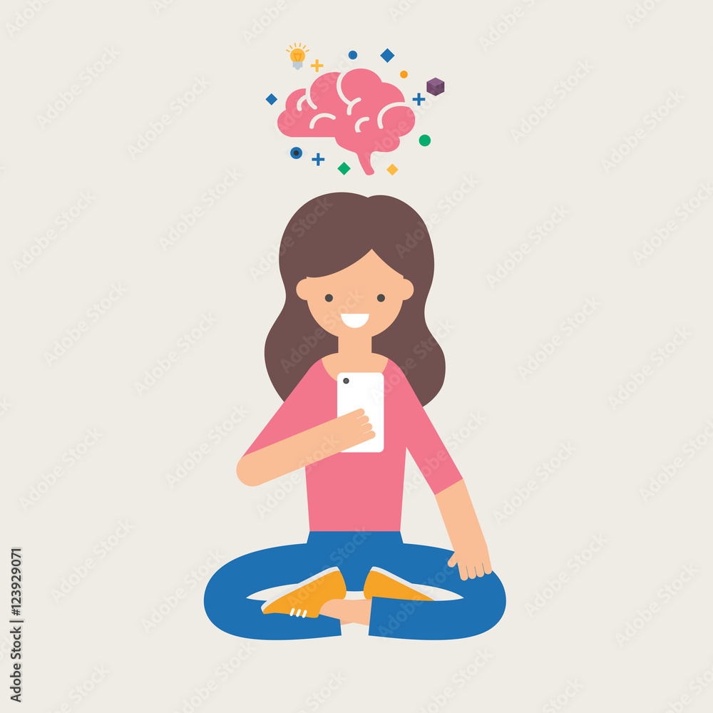 Girl with smartphone using brain training app