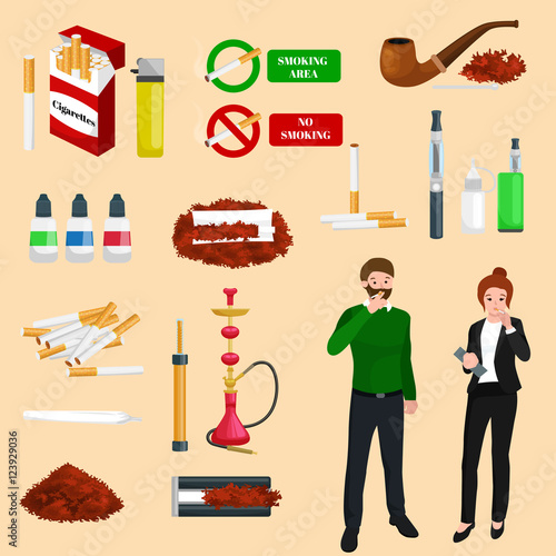 Smoking tobacco products icons set with cigarettes hookah cigars lighter isolated vector illustration