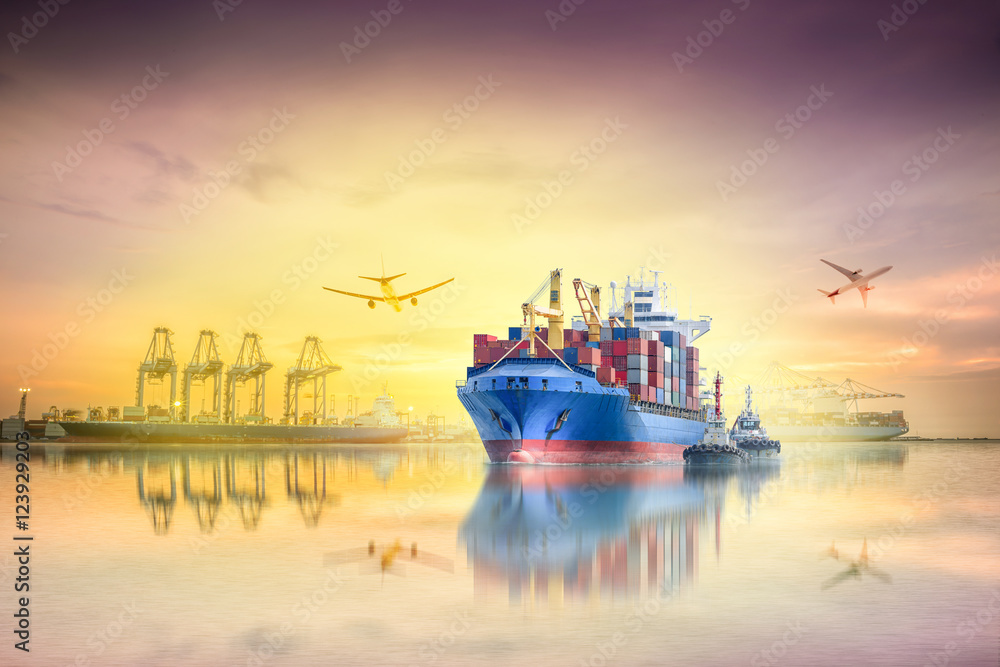 Logistics and transportation of international container cargo ship and cargo plane with ports crane bridge in harbor at sunset sky for logistics import export background and transportation industry.