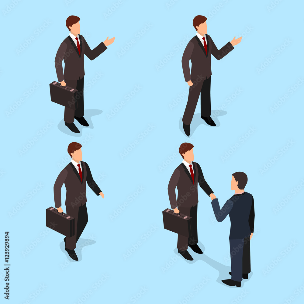 Isometric flat 3d set of business people with suitcases, businessman goes, stands, shakes hands Isometric flat 3d set of business people with suitcases, businessman goes, stands, shakes hands
