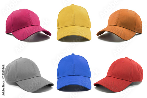 Group of the colorful fashion caps isolated on white background.